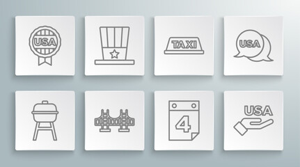 Set line Barbecue grill, Patriotic American top hat, Golden gate bridge, Calendar with date July 4, USA Independence day, Taxi car roof, and Medal star icon. Vector
