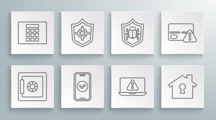 Set line Safe, Shield, Smartphone, Laptop with exclamation mark, House under protection, System bug, Credit card and Password icon. Vector