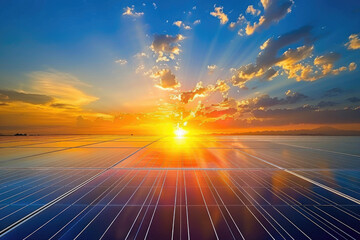 Sunrise over a solar panel field