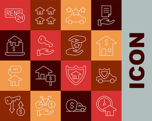 Set line Time is money, Car with shield, House dollar, sharing, key, Online real estate, Rent and icon. Vector