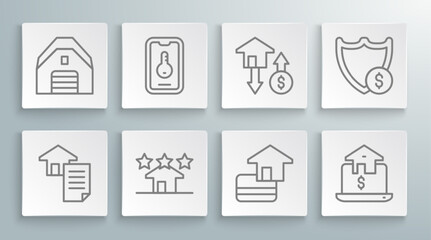 Set line House contract, Online real estate, Real, Credit card, with dollar, Shield and Garage icon. Vector