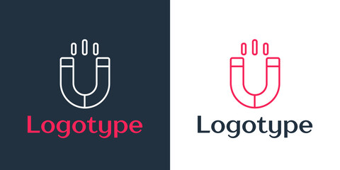 Logotype line Magnet icon isolated on white background. Horseshoe magnet, magnetism, magnetize, attraction. Logo design template element. Vector