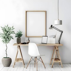 An empty frame mockup in a white room with a wooden desk.