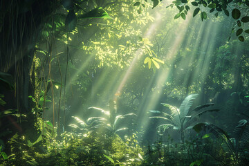 Fototapeta na wymiar Sunbeams peeking through the gaps in a dense forest, illuminating the forest floor.