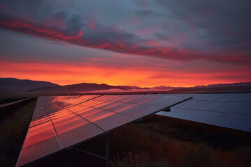 Sunrise over a solar panel field