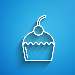 White line Cake icon isolated on blue background. Happy Birthday. Long shadow. Vector