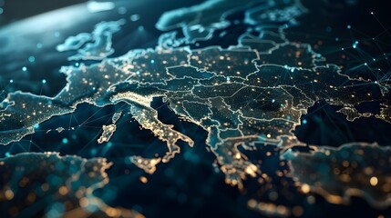 High-tech digital world map with glowing connections and data points, featuring the Americas and Europe.