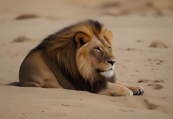 A lion taking a nap on a sandy beige background, generative AI