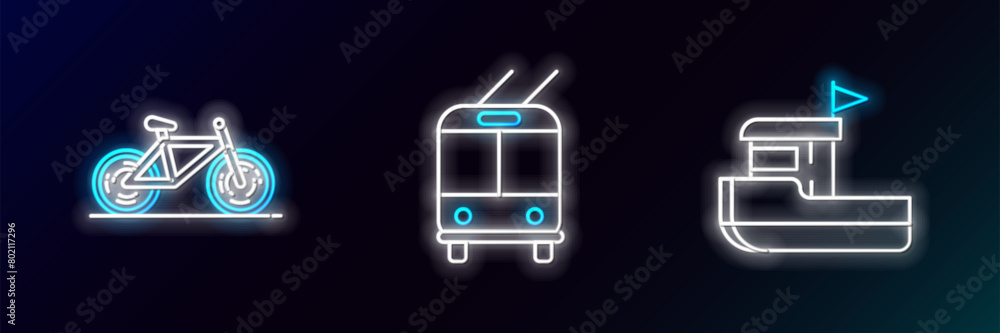 Canvas Prints set line fishing boat, bicycle and trolleybus icon. glowing neon. vector