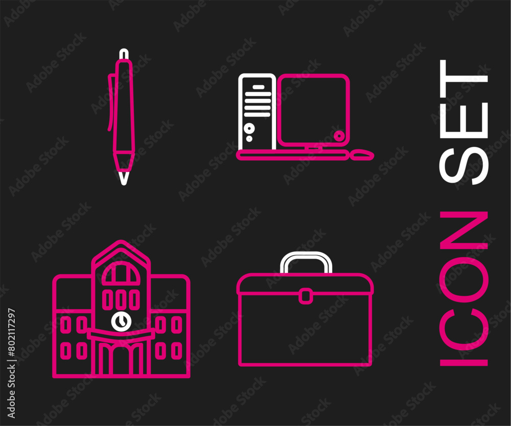 Poster set line briefcase, school building, computer monitor with keyboard and mouse and pen icon. vector