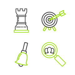 Set line Magnifying glass for search a people, Ringing bell, Target with arrow and Business strategy icon. Vector