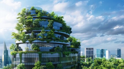 Illustration Eco-friendly building in the modern city. Sustainable glass office building with trees
