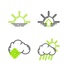 Set line Cloud with rain and sun, snow, Sunrise and icon. Vector