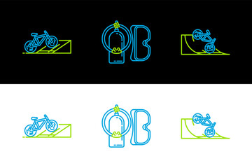 Set line Bicycle on street ramp, and Diving mask and aqualung icon. Vector