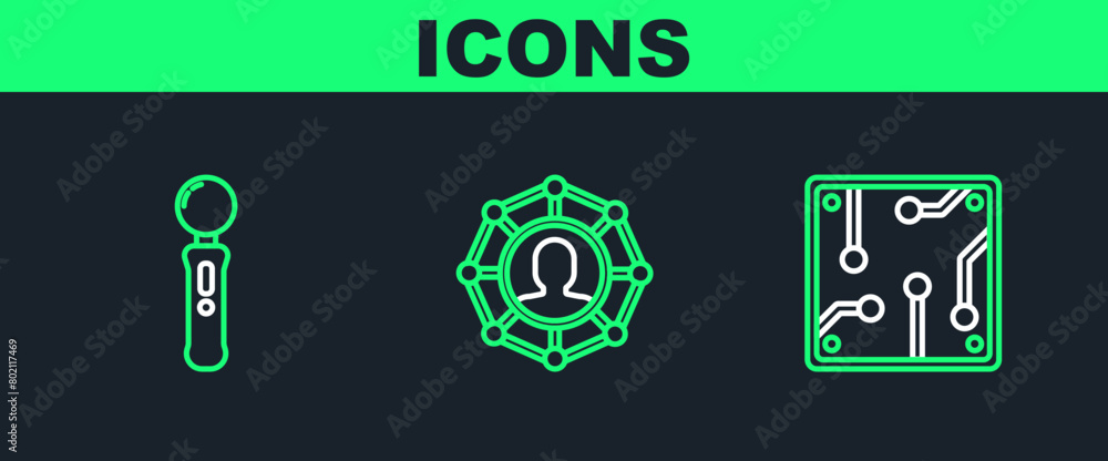 Poster set line processor, gamepad and project team base icon. vector