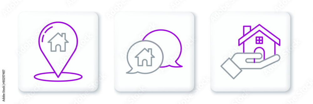 Aufkleber set line realtor, map pointer with house and house building speech bubble icon. vector