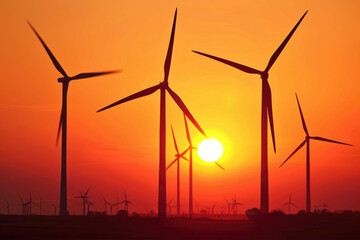 Wind turbines against a setting sun - obrazy, fototapety, plakaty