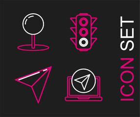 Set line Infographic of city map navigation, Paper airplane, Traffic light and Push pin icon. Vector