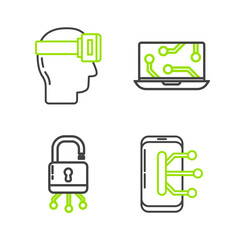 Set line Smartphone, mobile phone, Lock digital circuit board, Laptop and Virtual reality glasses icon. Vector