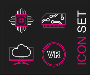 Set line Virtual reality, Computer monitor screen, RAM, random access memory and Processor icon. Vector
