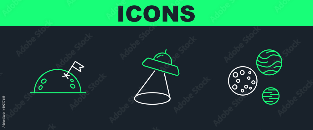 Poster set line planet, with flag and ufo flying spaceship icon. vector