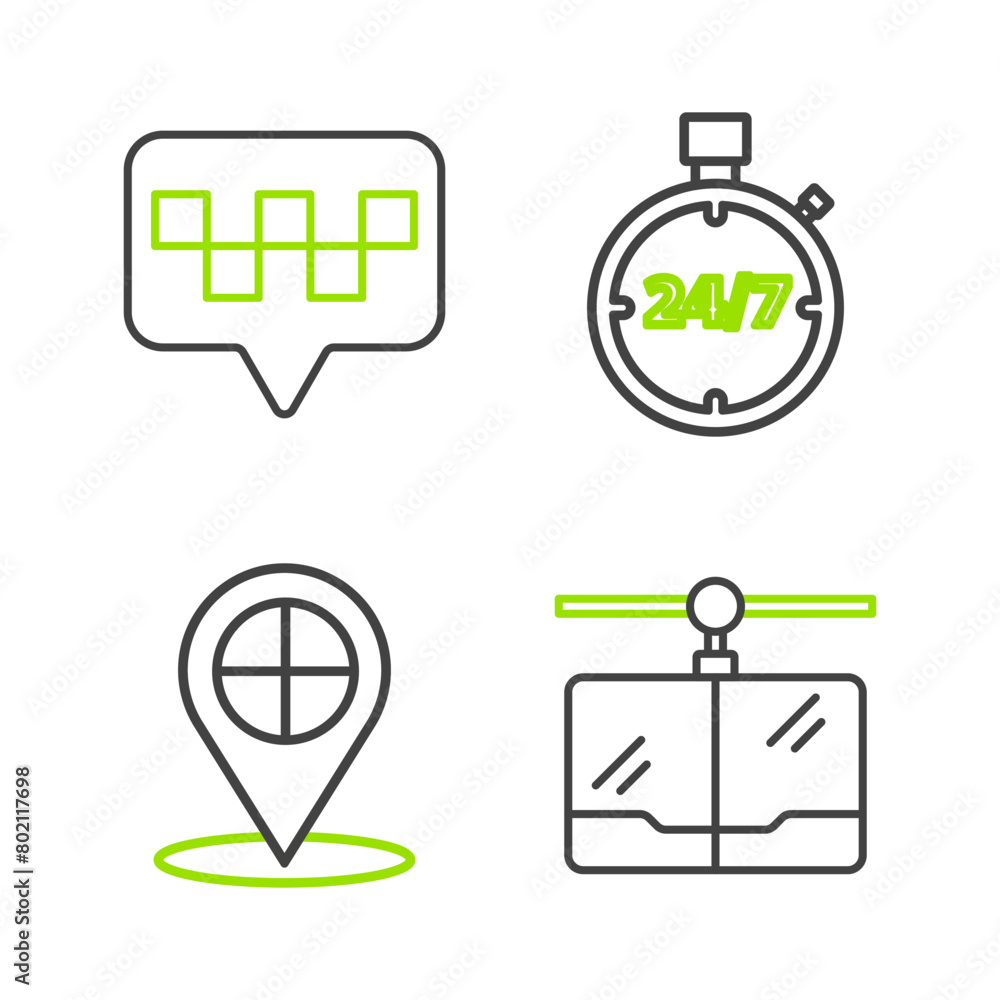 Poster set line cable car, map pointer with taxi, stopwatch 24 hours and icon. vector