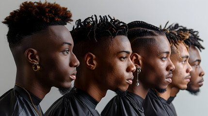 Four Groups of Young Black Men with Unique Hairstyles in the Style of Handcrafted Beauty Black Arts Movement and Salon Kei