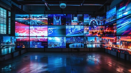 Fototapeta premium Multiple television screens, Multimedia video wall television broadcast.