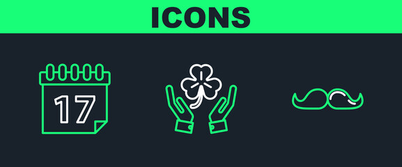 Set line Mustache, Saint Patrick's day with calendar and Human hands holding four leaf clover icon. Vector