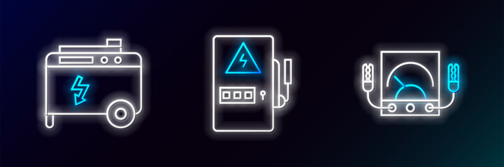 Set line Ampere meter, multimeter, voltmeter, Portable power electric generator and Electrical panel icon. Glowing neon. Vector