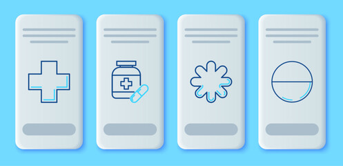 Set line Medicine bottle and pills, Cross hospital medical, and or tablet icon. Vector