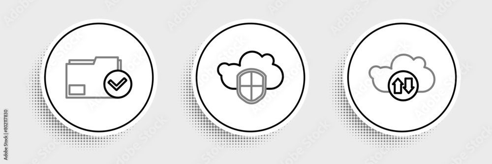Poster set line cloud download and upload, document folder check mark and shield icon. vector