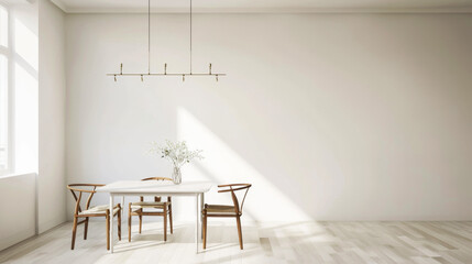 A white room with a table and chairs. The room is very clean and simple