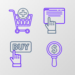 Set line Magnifying glass and dollar, Buy button, Online shopping screen and Add Shopping cart icon. Vector