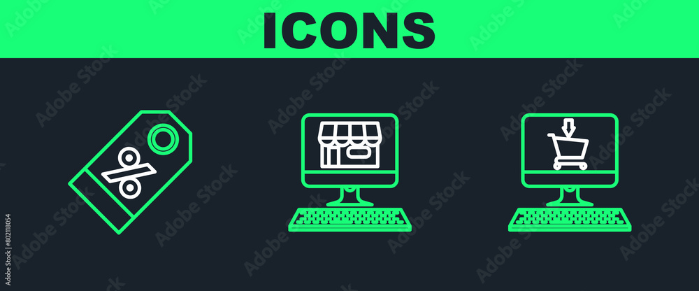 Aufkleber set line shopping cart on screen computer, discount percent tag and building icon. vector