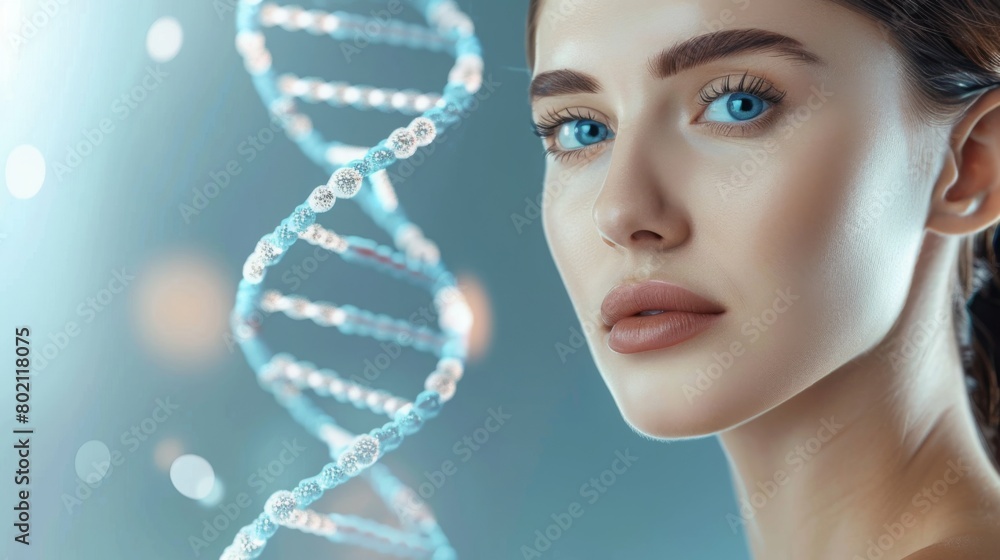 Poster a woman gazes forward with a digital rendering of a dna double helix superimposed near her face, sug