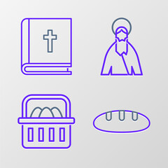 Set line Bread loaf, Basket with easter eggs, Jesus Christ and Holy bible book icon. Vector