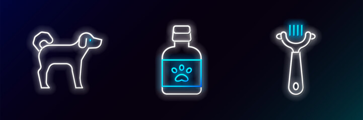 Set line Hair brush for dog and cat, Dog and medicine bottle icon. Glowing neon. Vector