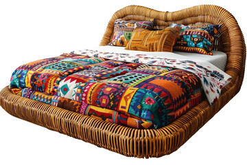 A bohemian single bed with a woven rattan frame and vibrant patterned textiles, isolated on transparent background, png file