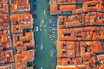 Venice Grand Canal and houses from drone, Venice island cityscape and Venice lagoon. Italy