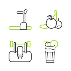 Set line Fresh smoothie, Bench with barbel, Fruit and Treadmill machine icon. Vector