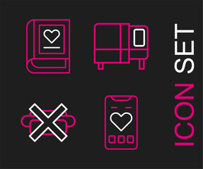 Set line Mobile with heart rate, No junk food, Bed and Medical book icon. Vector