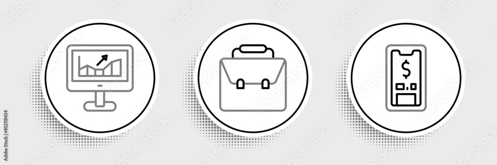 Aufkleber set line mobile with dollar, computer growth graph and briefcase icon. vector