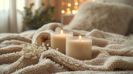 A plush throw blanket and scented candles, creating a cozy haven for relaxation and comfort