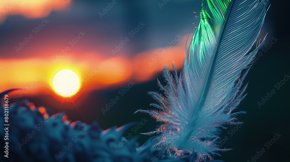 Poster a serene depiction of a blue feather floating gently with a background of a sun setting in hues of o