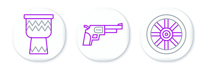 Obraz premium Set line Old wooden wheel, Drum and Revolver gun icon. Vector