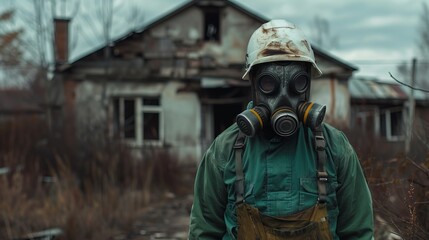 A man in green overalls and white helmet stands against the background of an abandoned house, wearing a gas mask on his head.