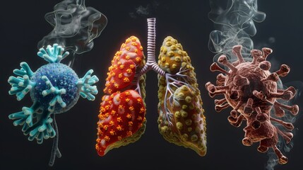An informative 3D rendering image showcasing common respiratory infections, including influenza, respiratory syncytial virus (RSV), and tuberculosis - obrazy, fototapety, plakaty