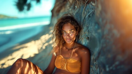 Young woman with curly hair in a bohemian style dress relaxes against a rock, her face glowing in the golden sunlight on a serene beach.