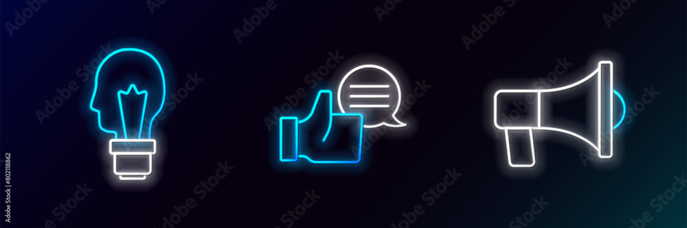 Sticker set line megaphone, light bulb with concept of idea and customer product rating icon. glowing neon. 